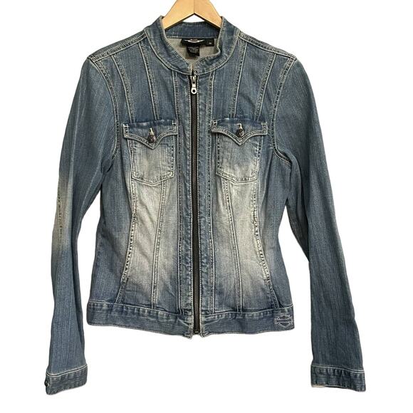 Harley-Davidson Jacket Denim Full Zip‎ Embroidered Womens M - Picture 1 of 11